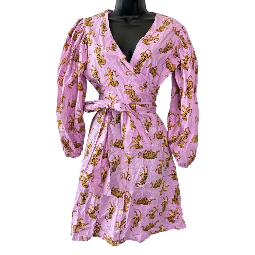 Guadalupe Monica Tiger Print Wrap Mini Dress Cotton Lilac Purple Puff Sleeve‎ M - Picture 2 of 5